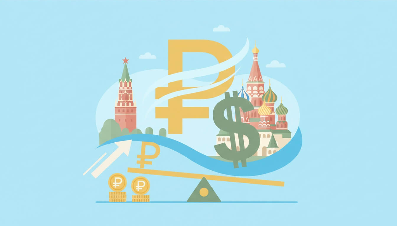 Символы рубля и доллара на фоне башен Московского Кремля и храма Василия Блаженного, весы с монетами и стрелка вверх