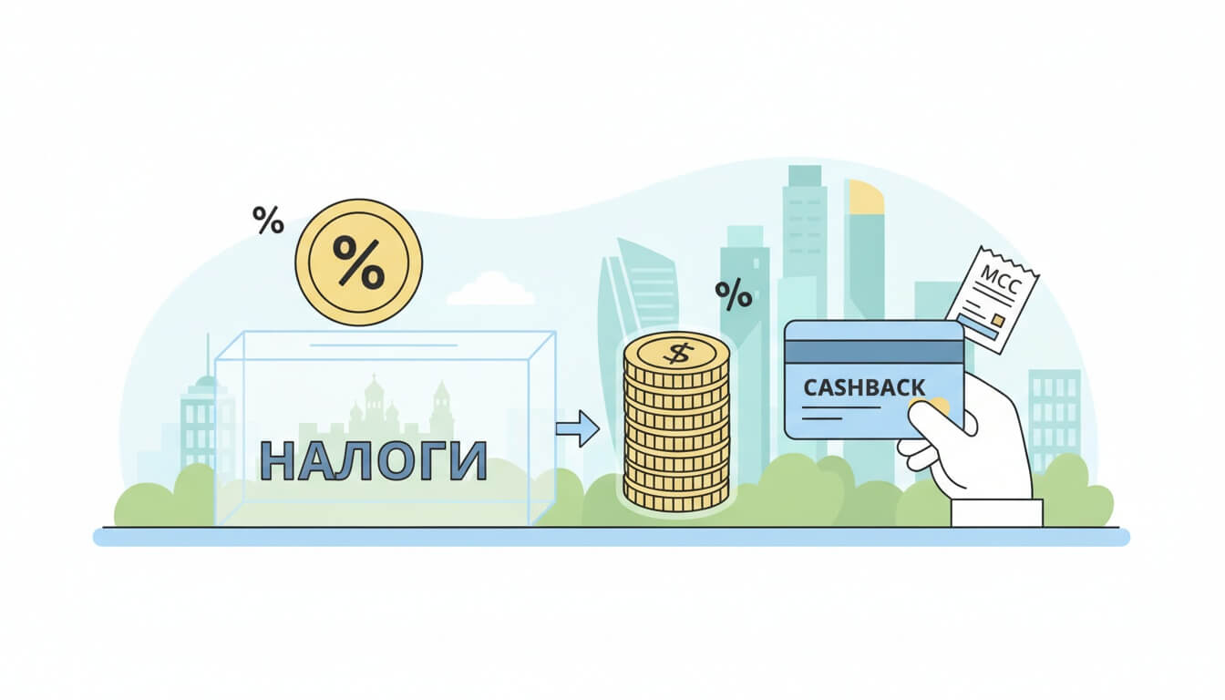 Прозрачный блок с надписью «НАЛОГИ», стопка монет, рука с картой «CASHBACK» и чеком «MCC» на фоне городских зданий