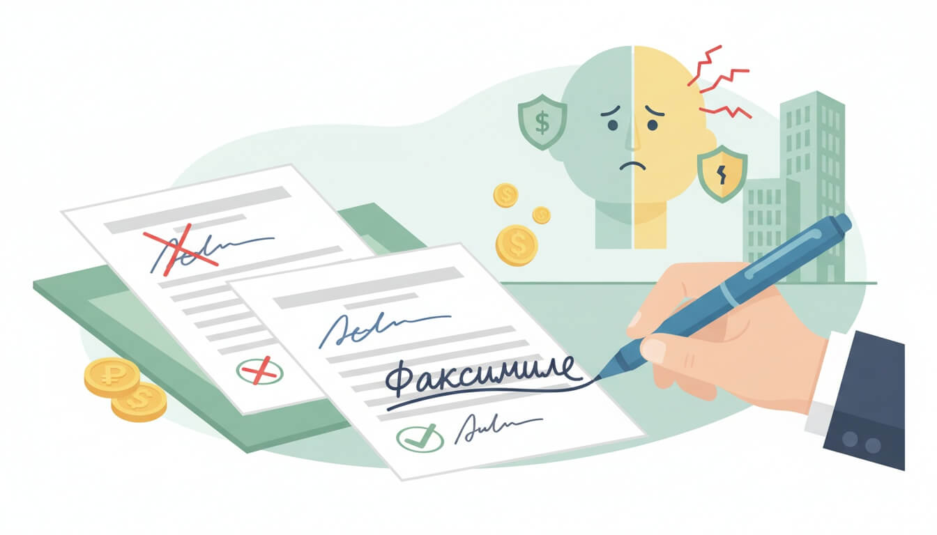 Рука ставит подпись на договоре, рядом документы с отметками, монеты и значки щитов